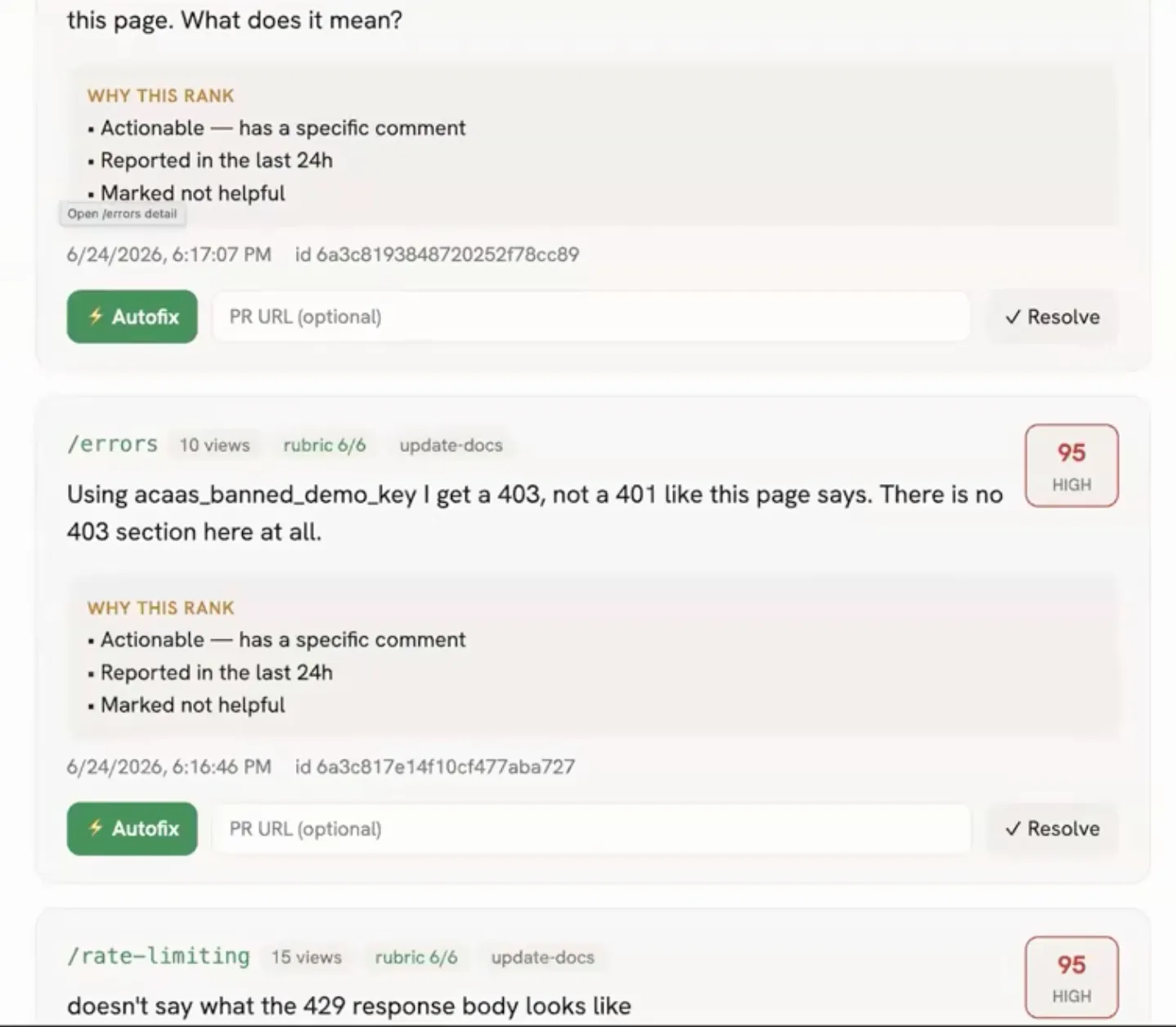 Sarah's demo dashboard for turning docs feedback into docs updates