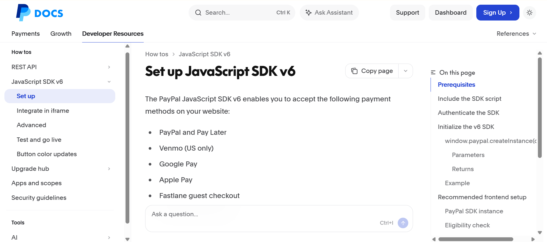 PayPal's JavaScript SDK v6 setup page built on Mintlify