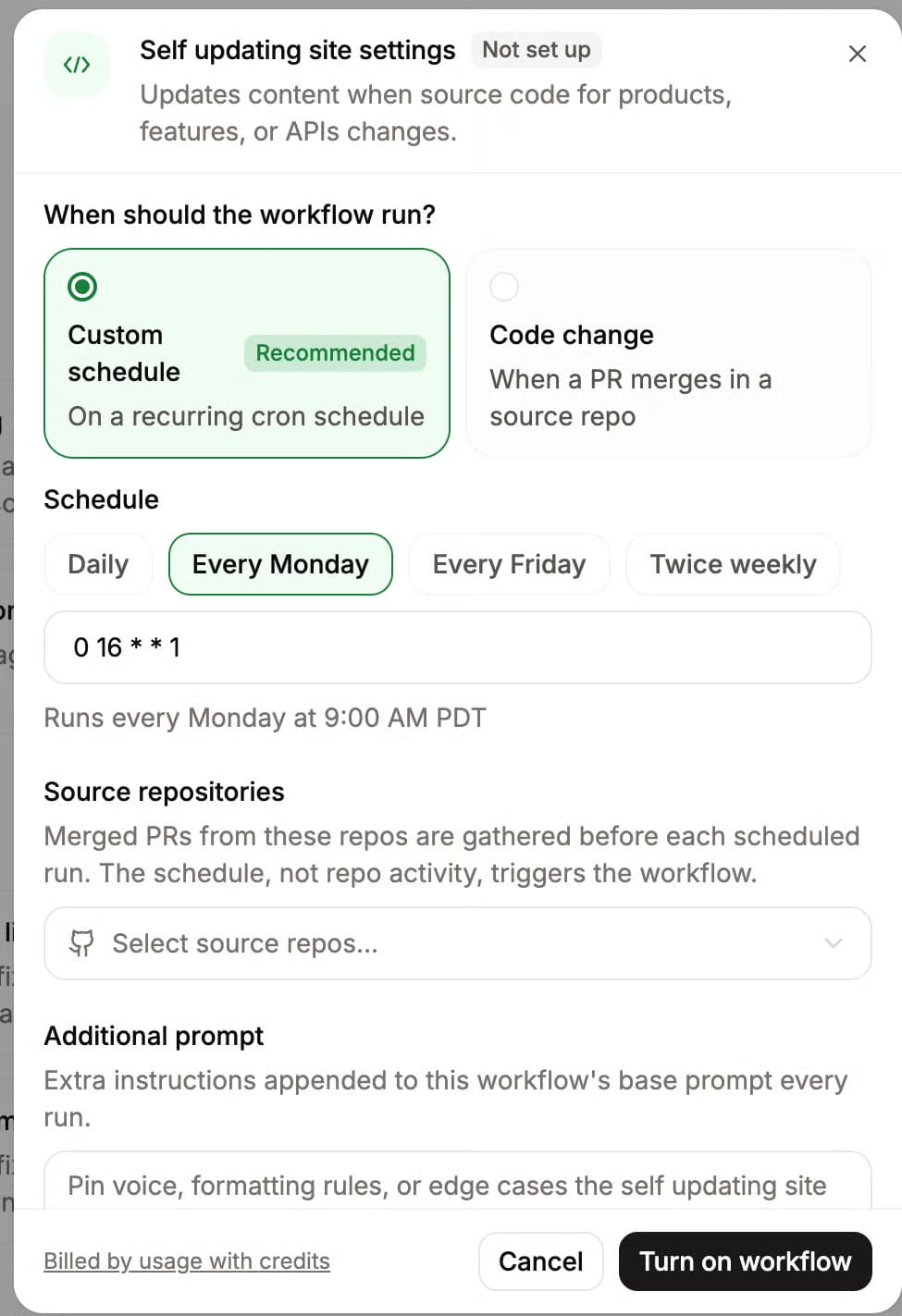 Mintlify Workflows configuration for a self-updating docs site, showing schedule and code-change triggers, source repositories, and an additional prompt field