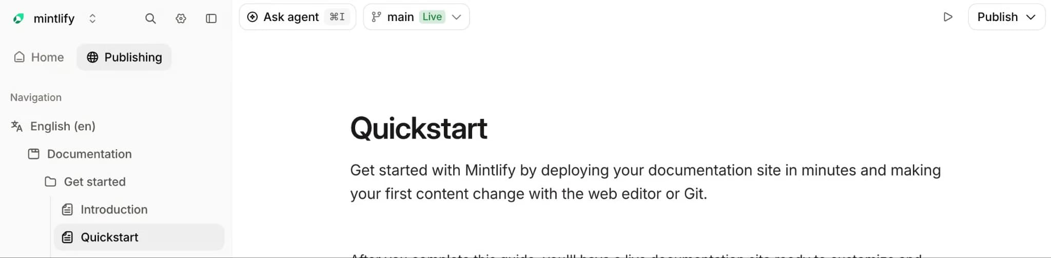 Mintlify web editor showing a Quickstart page and navigation